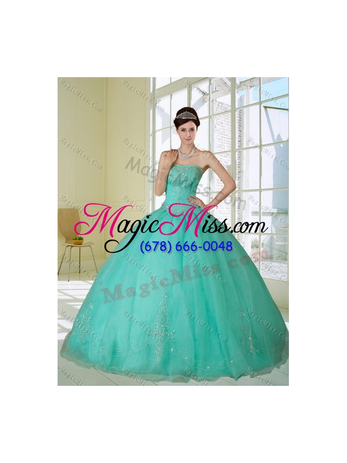 wholesale new style apple green strapless quince dress with appliques and beading for 2015