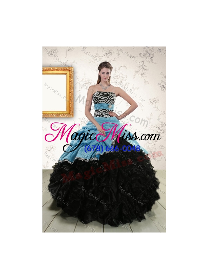 wholesale zebra print multi color strapless quince dresses with ruffles and pick ups
