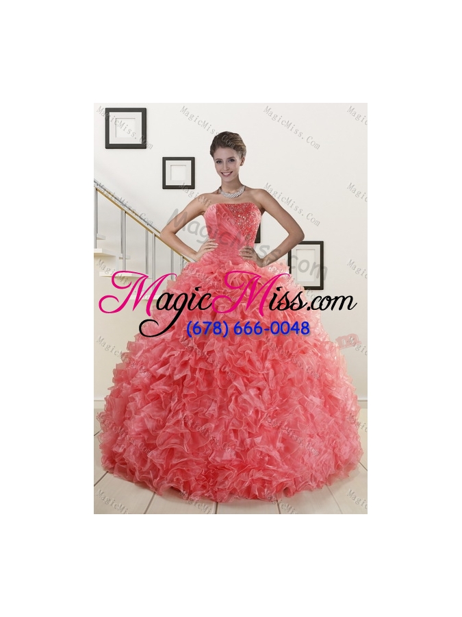 wholesale 2015 detachable watermelon red strapless quince dresses with beading and ruffles