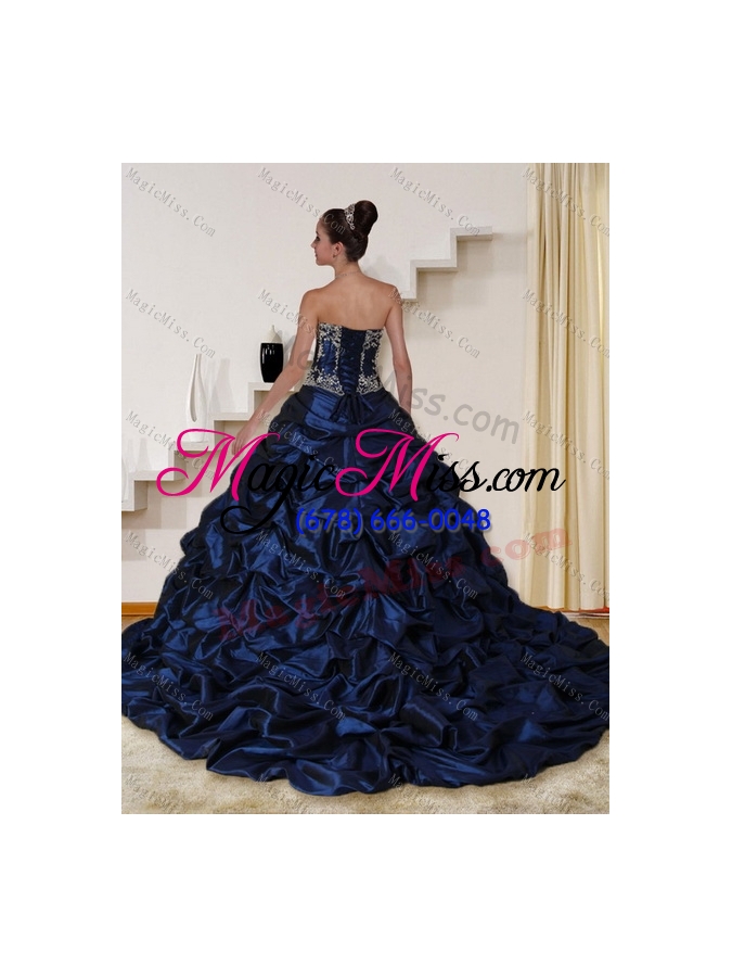 wholesale 2015 detachable embroidery and beading strapless quinceanera dress in navy blue