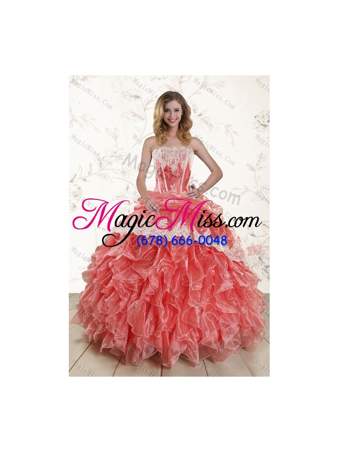 wholesale 2015 new style strapless appliques and ruffles sweet fifteen dresses in watermelon red