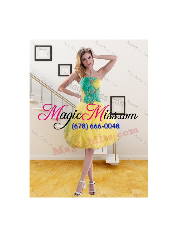 wholesale 2015 gorgeous and detachable ruching quinceanera dresses in yellow and green