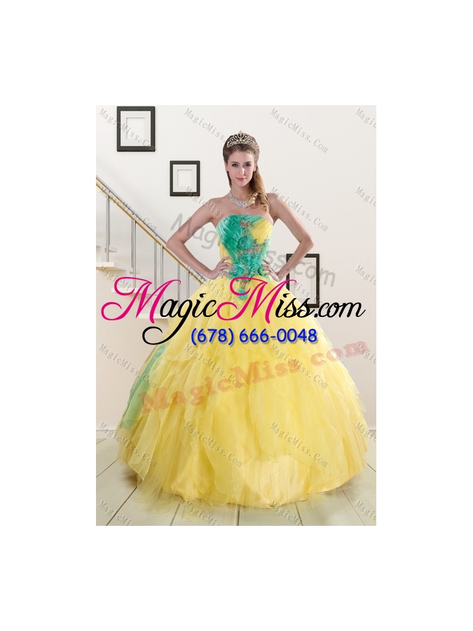 wholesale 2015 gorgeous and detachable ruching quinceanera dresses in yellow and green
