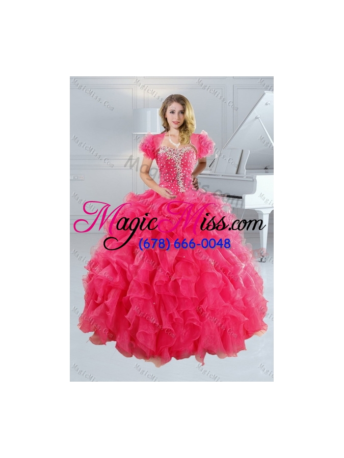 wholesale trendy and detachable 2015 hot pink quinceanera dresses with beading and ruffles