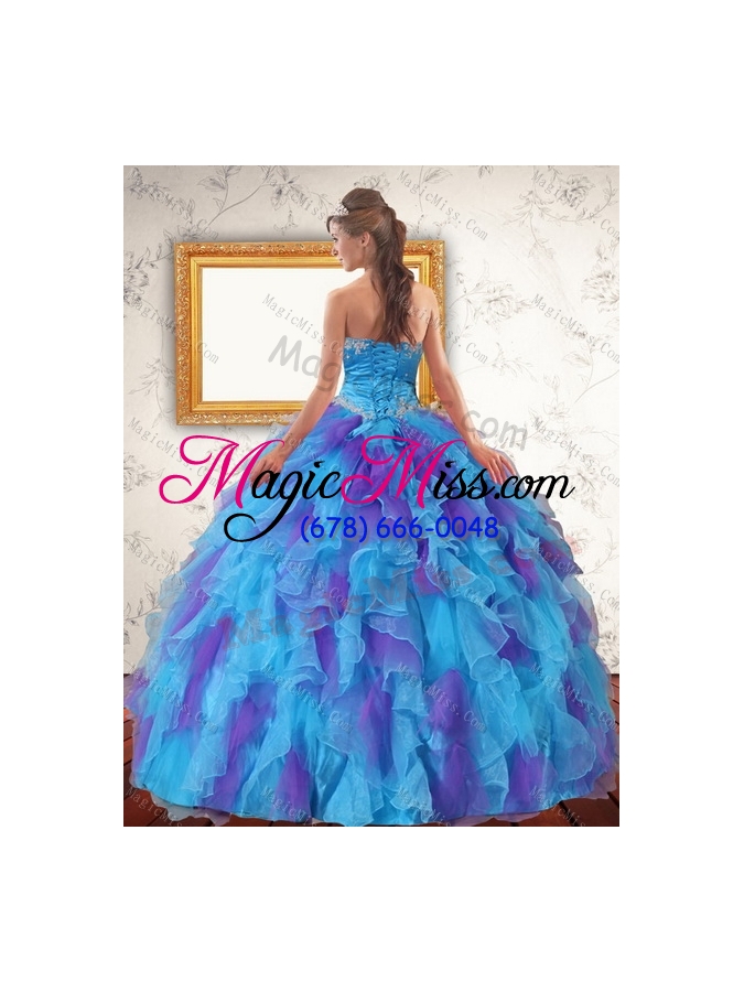 wholesale trendy ruffles and sash strapless quinceanera dress in multi color