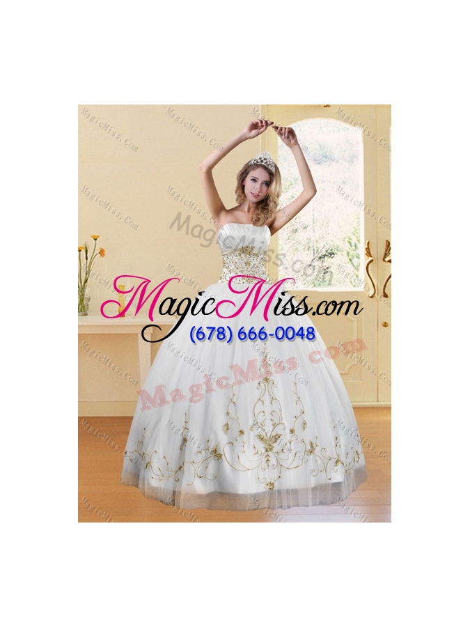 wholesale new style embroidery white and gold quinceanera dress for 2015