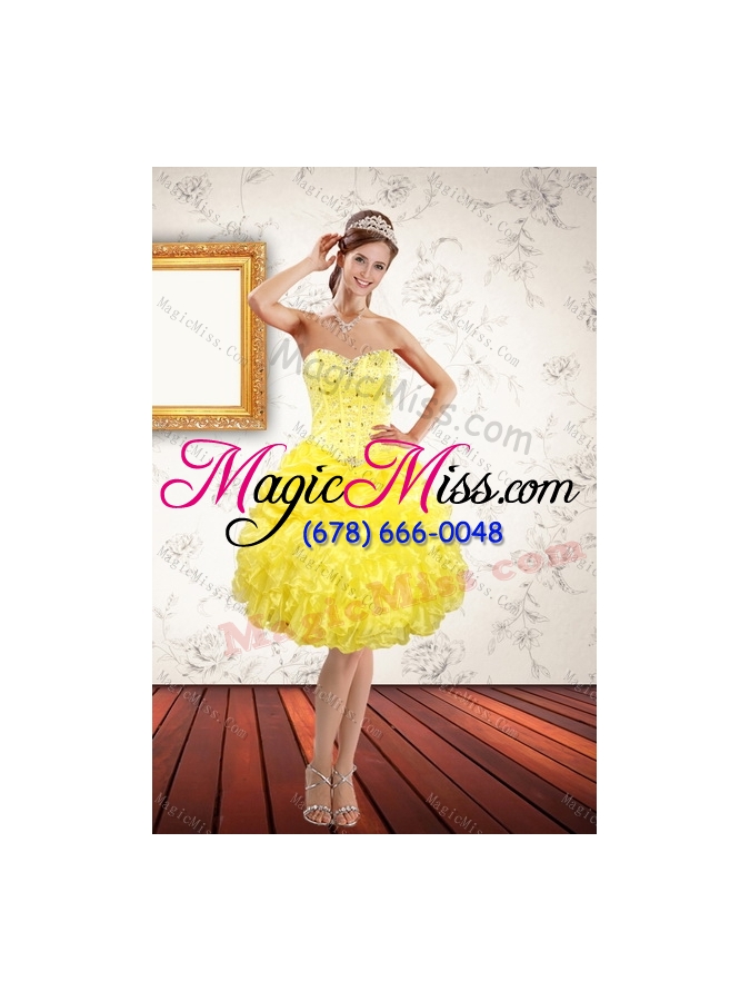 wholesale most popular and detachable yellow 2015 quince dresses with beading and ruffles