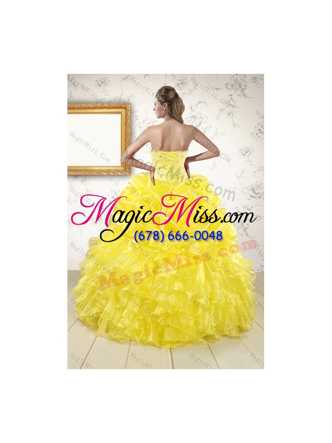 wholesale new style 2015 yellow quinceanera dresses with beading and ruffles