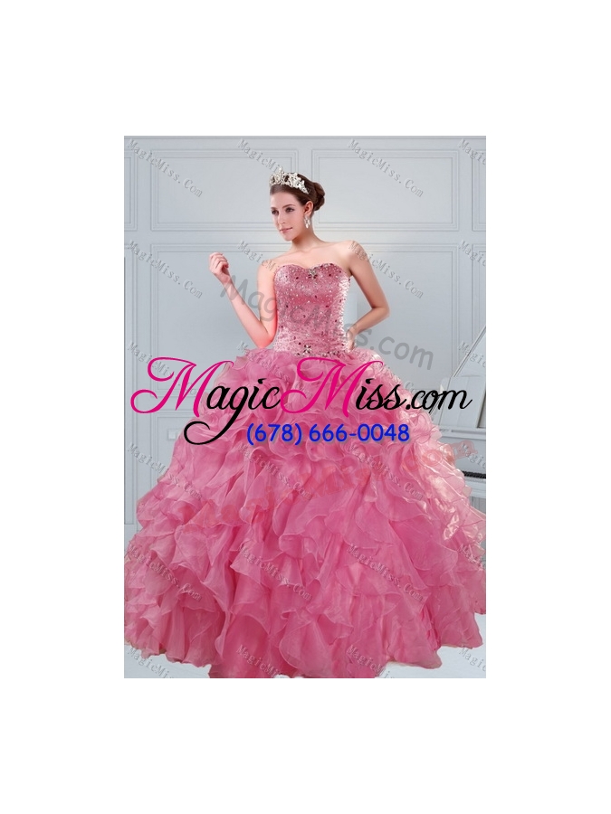 wholesale luxurious and detachable coral red quince dresses with beading and ruffles