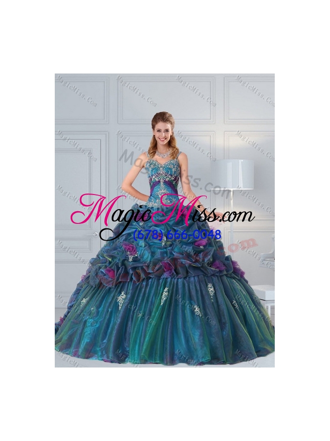 wholesale multi color 2015 quinceanera gown with hand made flower and pick ups