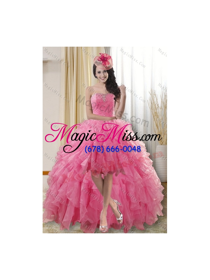 wholesale 2015 beautiful rose pink strapless sweet fifteen dresses with ruffles and beading