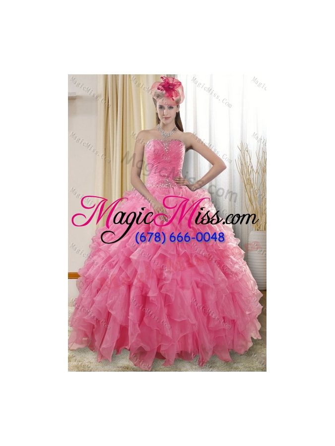 wholesale 2015 beautiful rose pink strapless sweet fifteen dresses with ruffles and beading