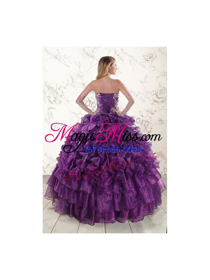 wholesale lovely purple strapless appliques and ruffles quince dresses for 2015