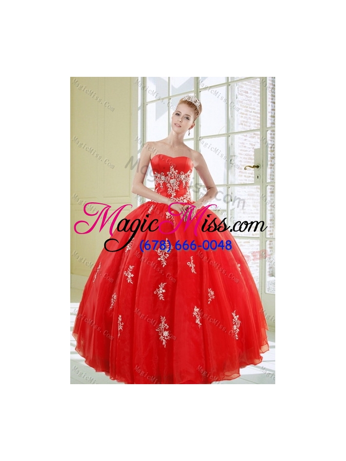 wholesale 2015 exquisite strapless red quince dresses with appliques