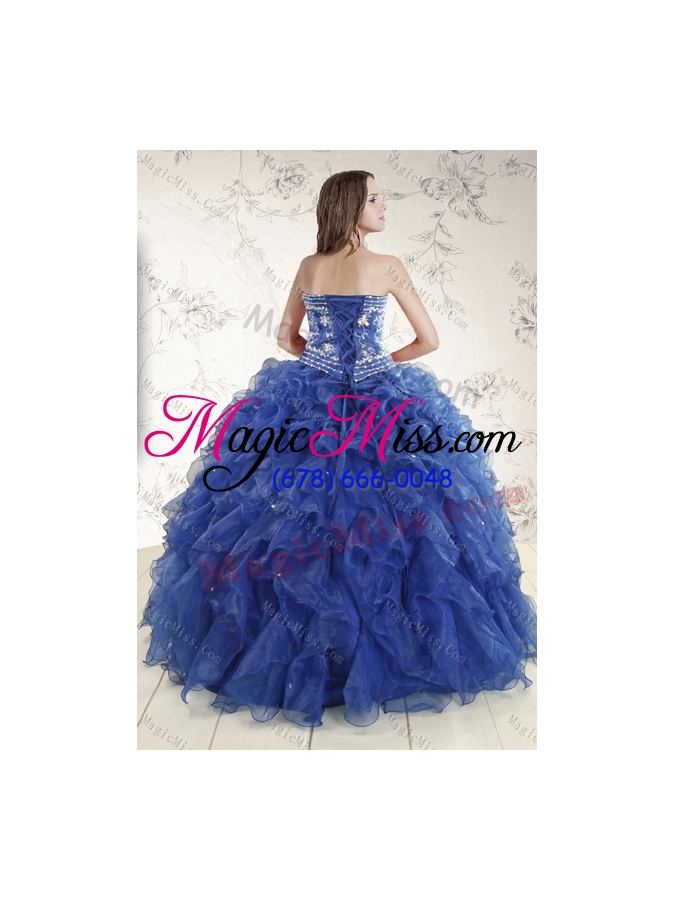 wholesale 2015 new style royal blue quince dresses with beading and ruffles