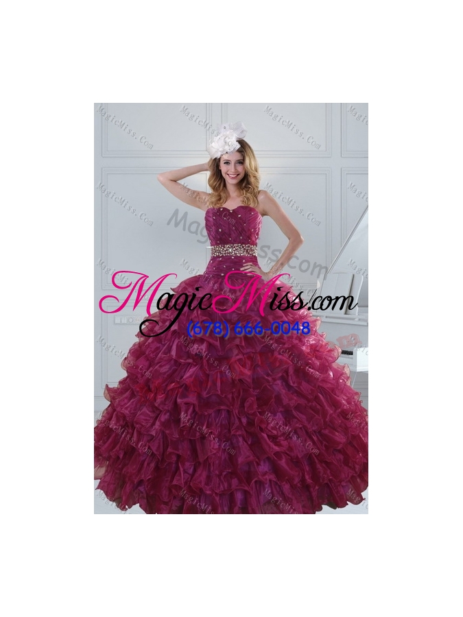 wholesale exquisite burgundy sweet 15 dresses with beading and ruffles