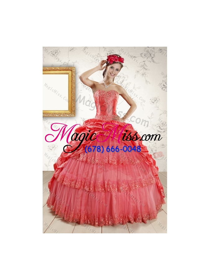 wholesale strapless quinceanera dresses with beading and pick ups in coral red