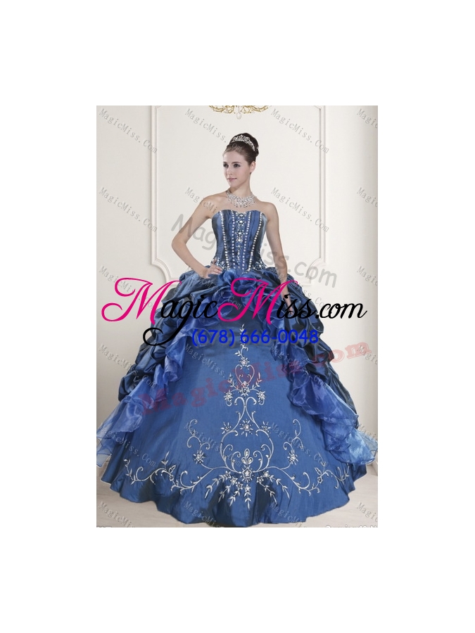 wholesale custom and detachable made embroidery and beading blue quince dresses for 2015
