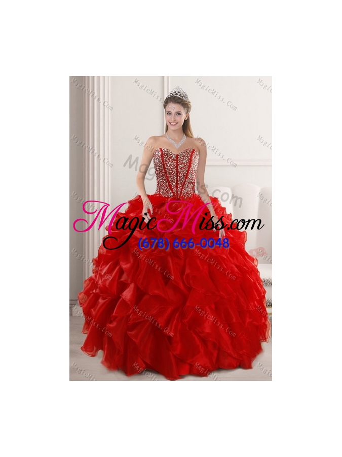 wholesale 2015 newest beading and ruffles quince dress in red