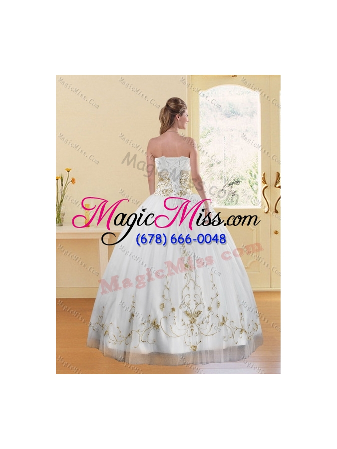 wholesale 2015 new style strapless embroidery white and gold dresses for quinceanera