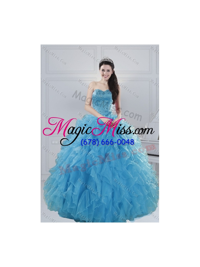 wholesale 2015 elegant baby blue quince dresses with beading and ruffles