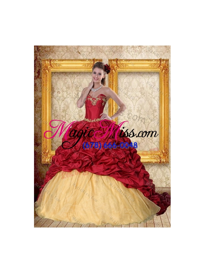 wholesale 2015 detachable wine red sweetheart quinceanera dresses with embroidery and pick ups