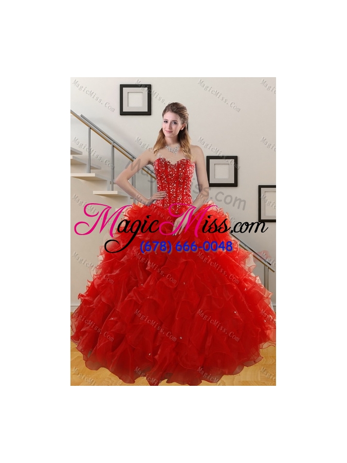 wholesale 2015 perfect red sweetheart quince dresses with beading and ruffles