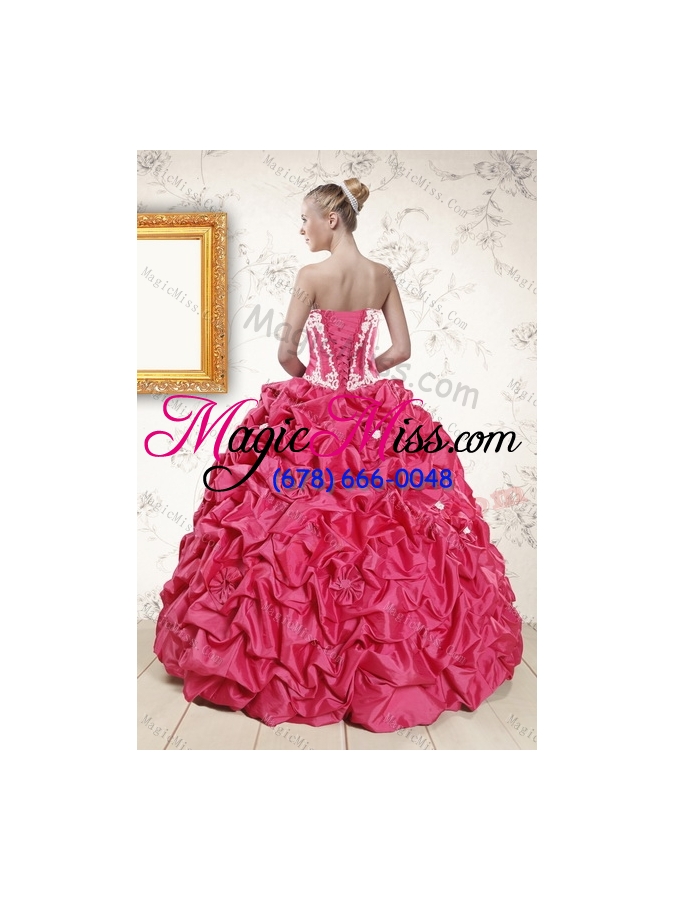 wholesale 2015 fashionable pick ups and appliques hot pink quinceanera dresses