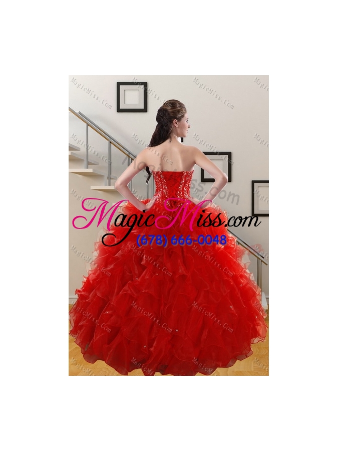 wholesale gorgeous 2015 sweetheart red quince gowns with beading and ruffles