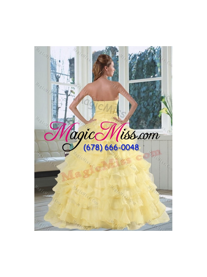 wholesale 2015 yellow sweetheart quinceanera dress with beading and ruffled layers