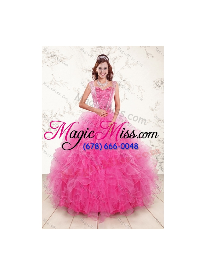 wholesale decent hot pink 2015 sweet fifteen dresses with beading and ruffles
