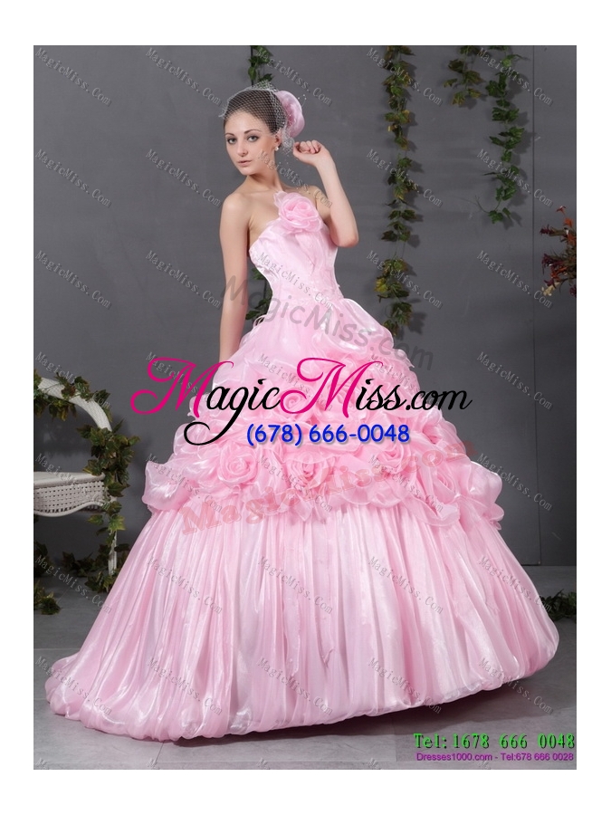 wholesale 2015 unique pink quinceanera gowns with hand made flowers and ruffles