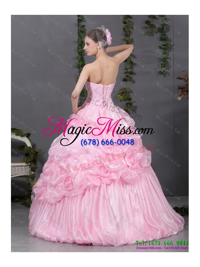 wholesale 2015 unique pink quinceanera gowns with hand made flowers and ruffles