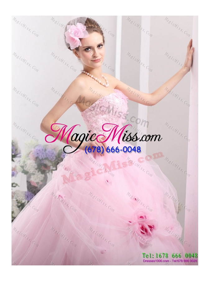 wholesale 2015 fashionable baby pink sweet sixteen dresses with hand made flowers
