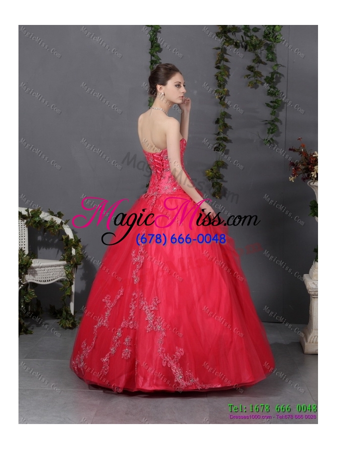 wholesale 2015 traditional coral red strapless sweet 16 dress with ruching and appliques
