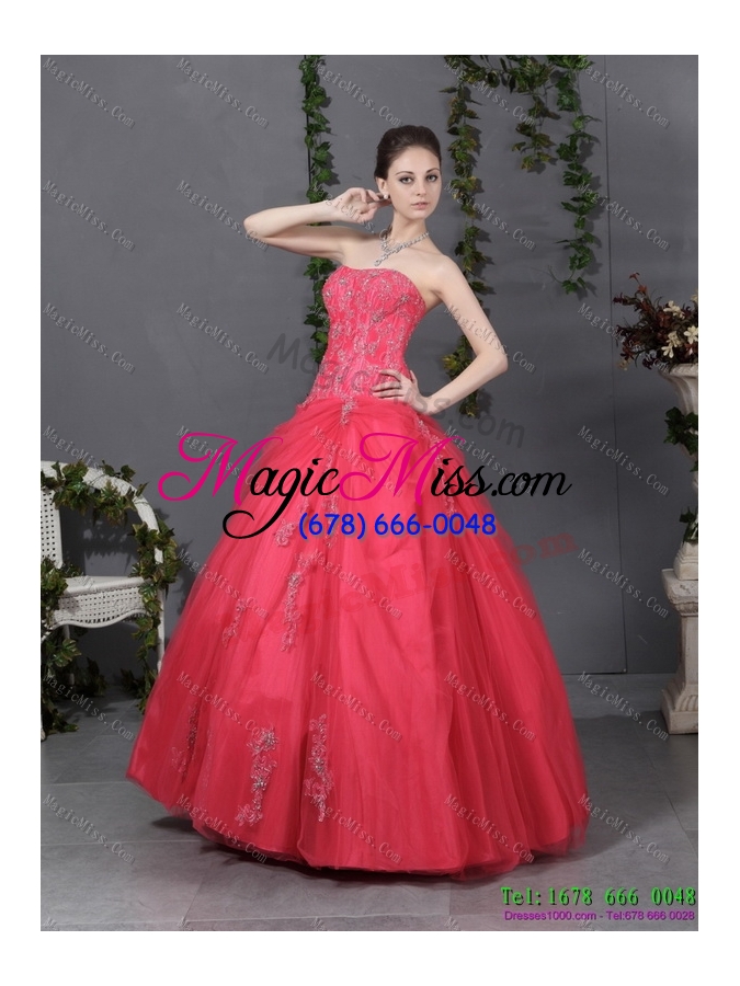 wholesale 2015 traditional coral red strapless sweet 16 dress with ruching and appliques