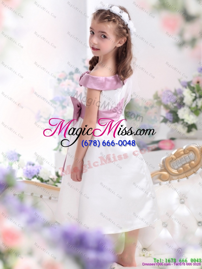 wholesale fashionable off the shoulder white little girl pageant dresses with flower and bowknot