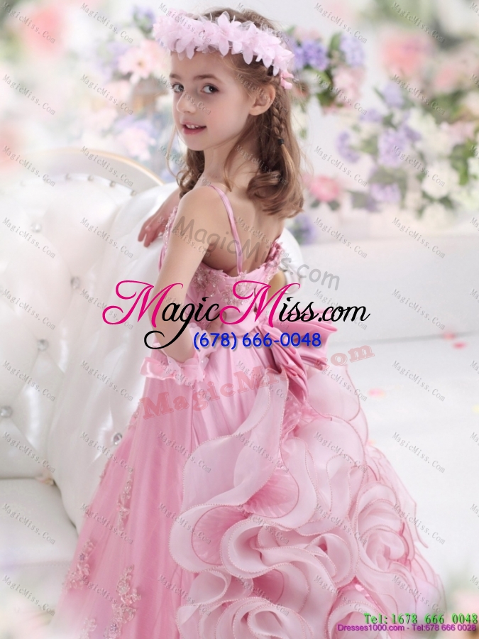 wholesale 2015 fashionable rose pink spaghetti straps little girl pageant dress with appliques
