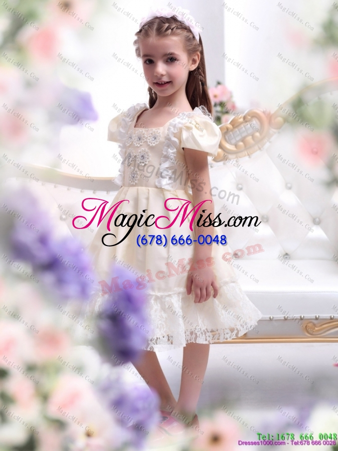 wholesale fashionable champagne little girl pageant dress with hand made flower and lace
