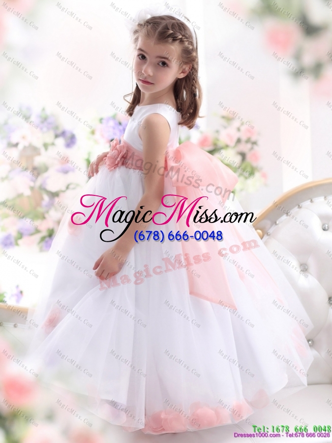 wholesale fashionable white little girl pageant dresses with pink waistband and hand made flower
