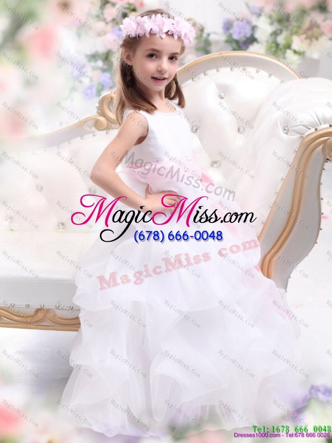 wholesale fashionable scoop white little girl pageant dress with sash and ruffles