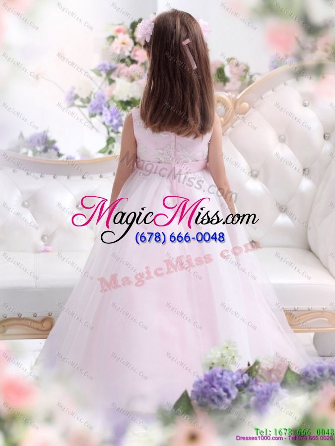 wholesale fashionable scoop appliques and bownot pageant dresses for girl in baby pink