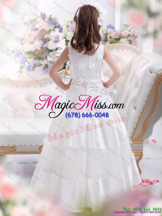 wholesale fashionable white scoop flower girl dress with appliques