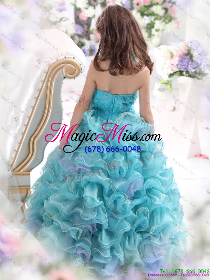 wholesale fashionable straps appliques and ruffled layers pageant dresses for kids in aque blue