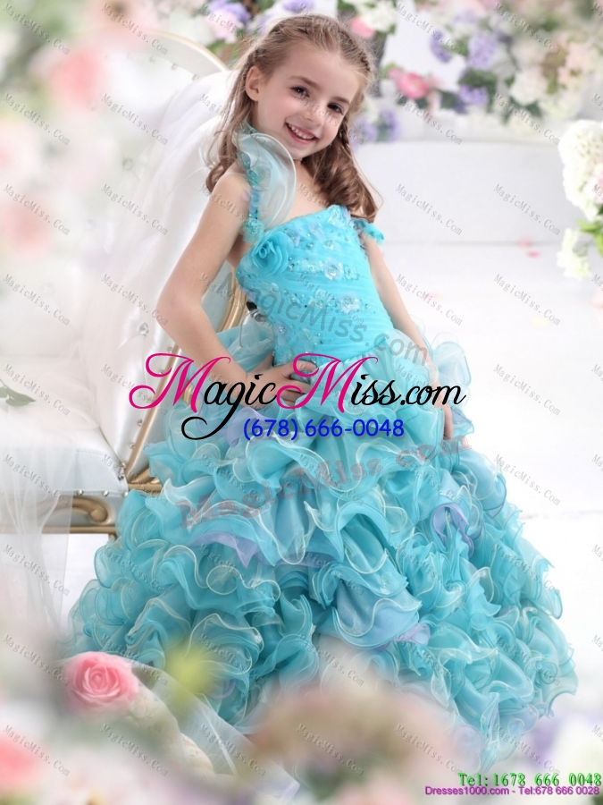 wholesale fashionable straps appliques and ruffled layers pageant dresses for kids in aque blue