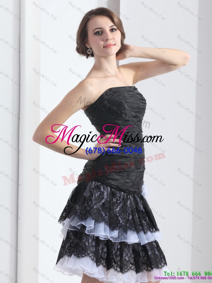 wholesale black short prom dresses with ruching and hand made flower