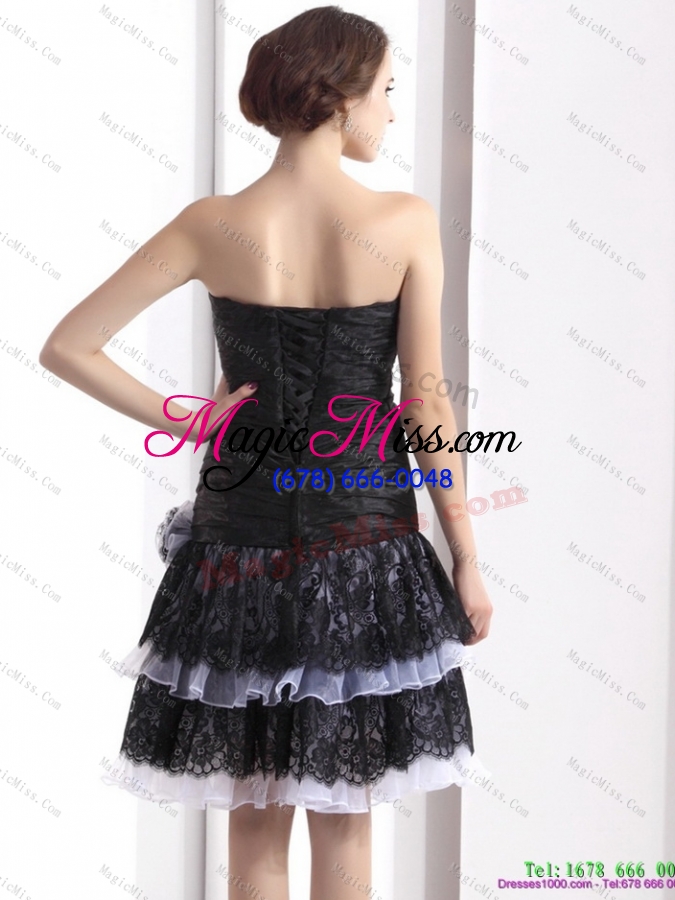 wholesale black short prom dresses with ruching and hand made flower