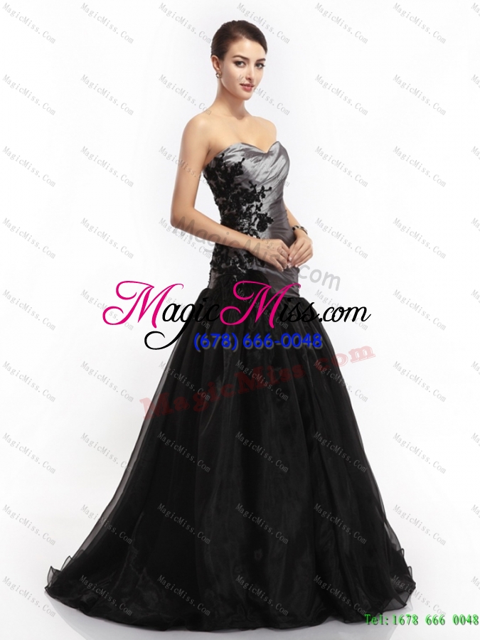 wholesale appliques ruching brush train prom dresses in sliver and black