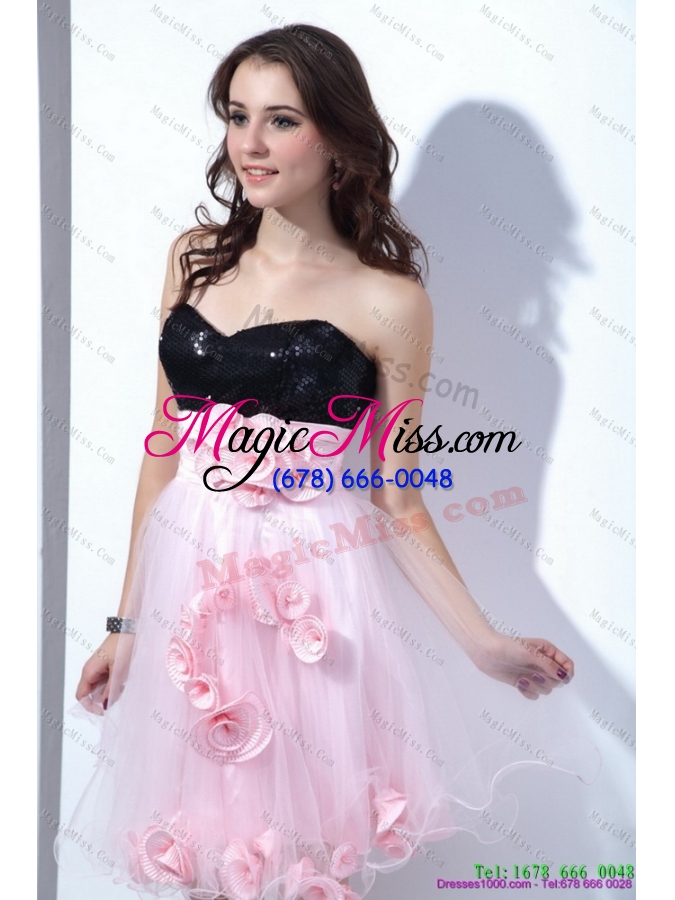 wholesale sweetheart sequins and hand made flowers prom dresses in pink and black