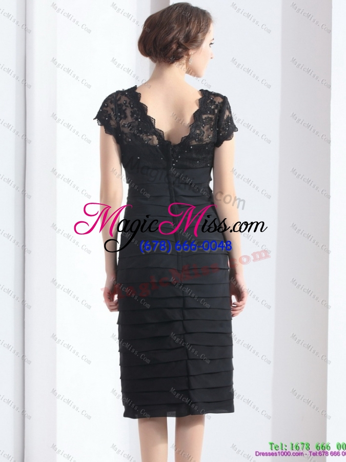 wholesale 2015 cap sleeves black short prom dress with beading and ruching